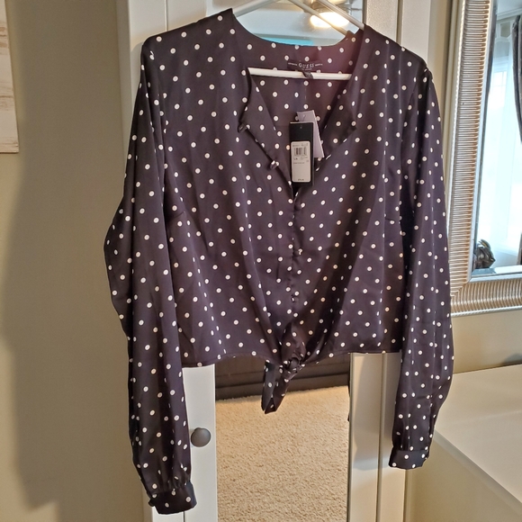 Silky Polka Dot Tie Front Blouse - Picture 6 of 6